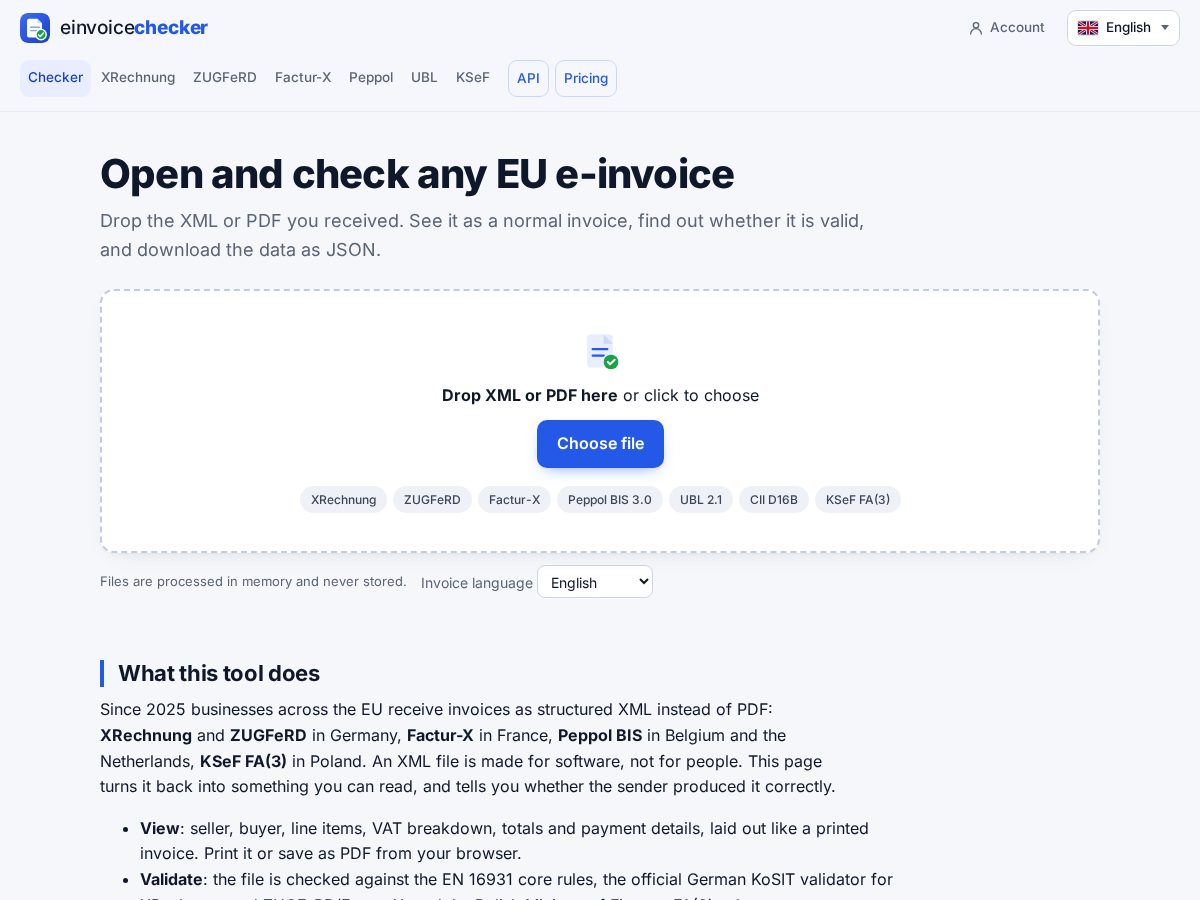 Landing-page snapshot of einvoicechecker.com