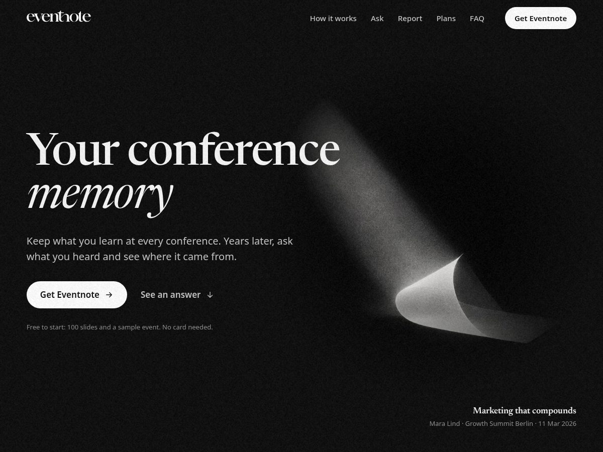 Landing-page snapshot of eventnote.app