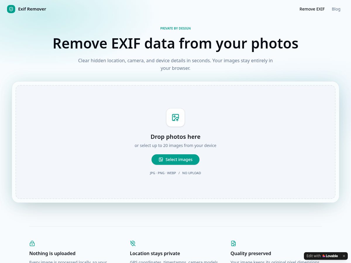 Landing-page snapshot of exif-remove.com
