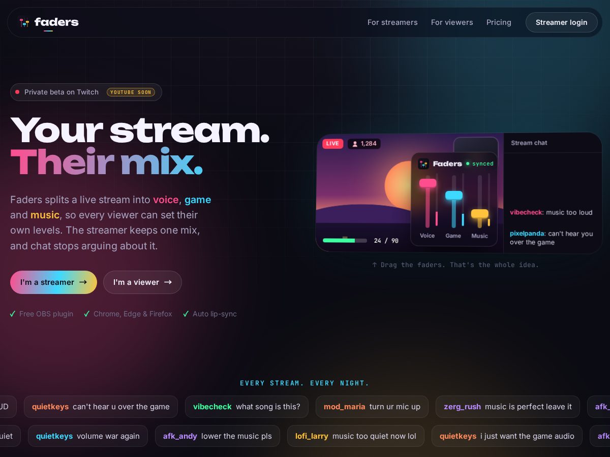 Landing-page snapshot of faders.stream