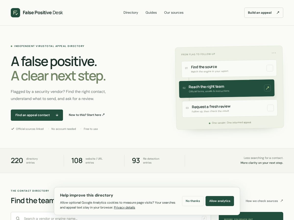 Landing-page snapshot of falsepositivedesk.com