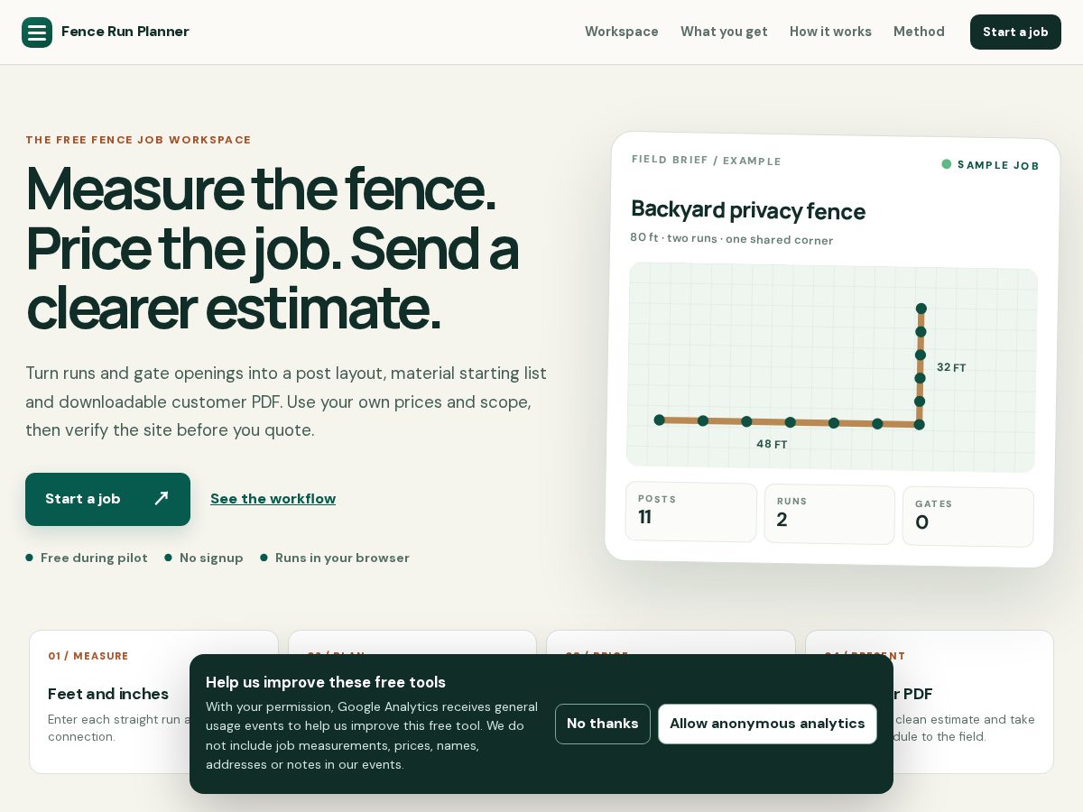 Landing-page snapshot of fencerunplanner.com