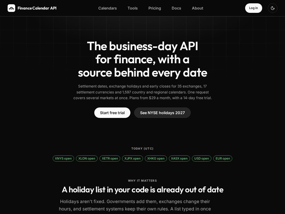 Landing-page snapshot of financecalendarapi.com