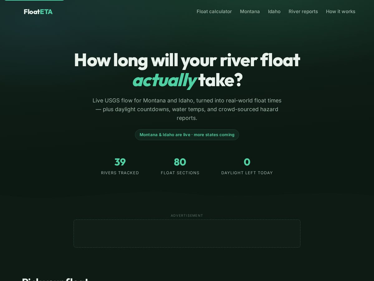 Landing-page snapshot of floateta.com