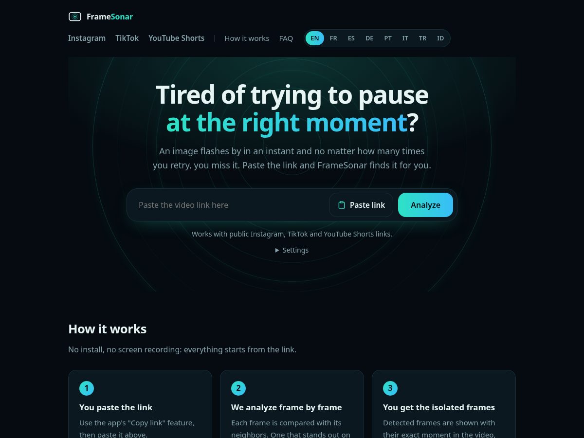 Landing-page snapshot of framesonar.com