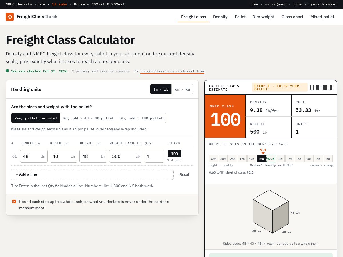 Landing-page snapshot of freightclasscheck.com