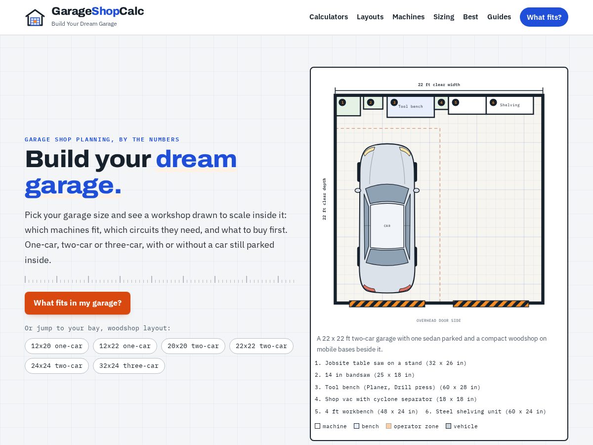 Landing-page snapshot of garageshopcalc.com