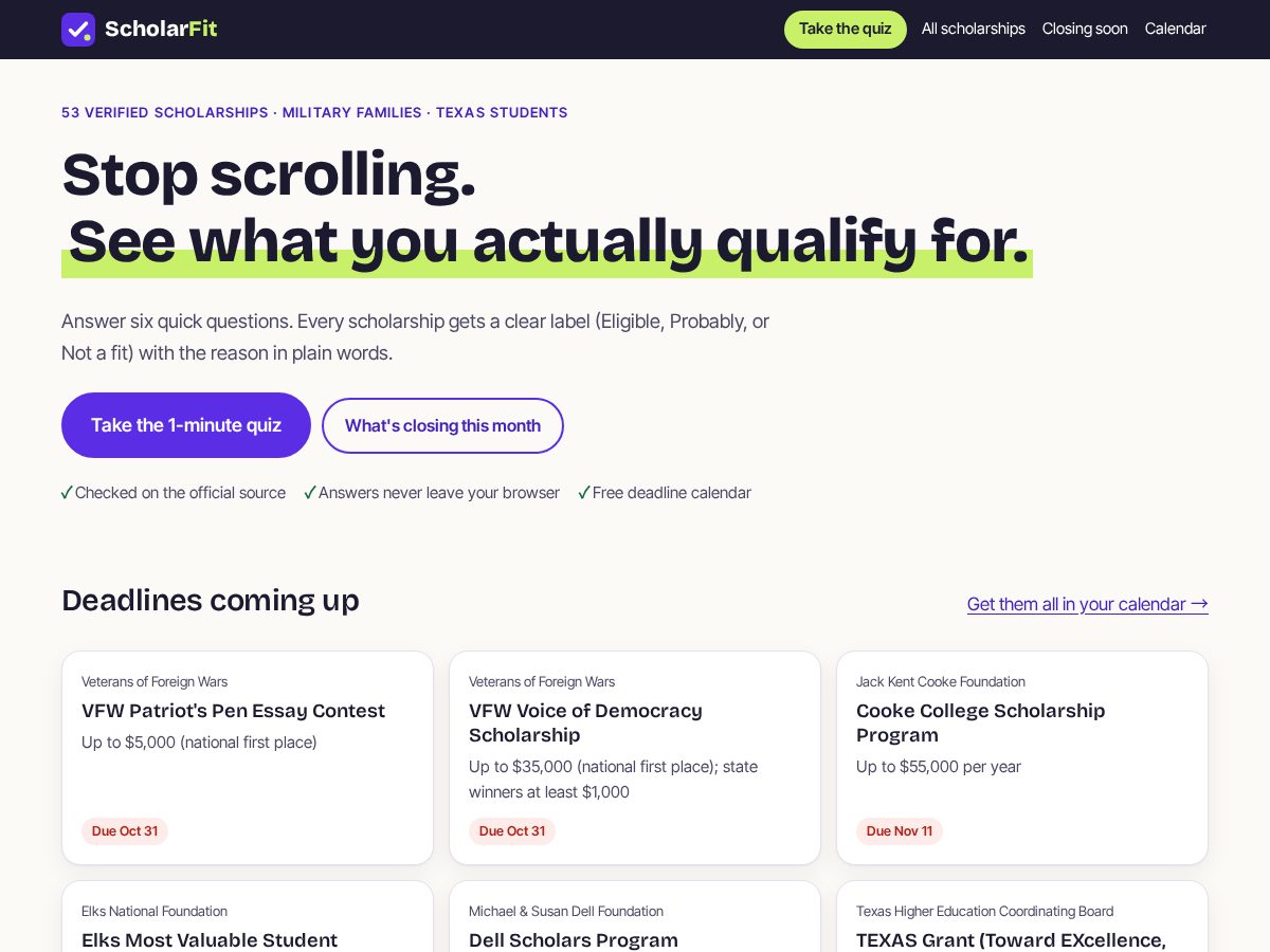 Landing-page snapshot of getscholarfit.com