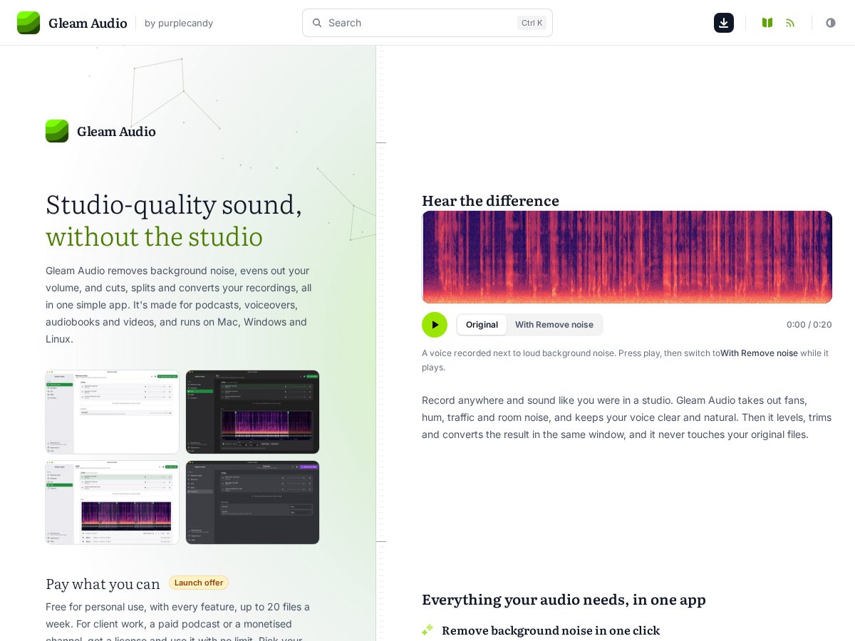 Landing-page snapshot of gleamaudio.com