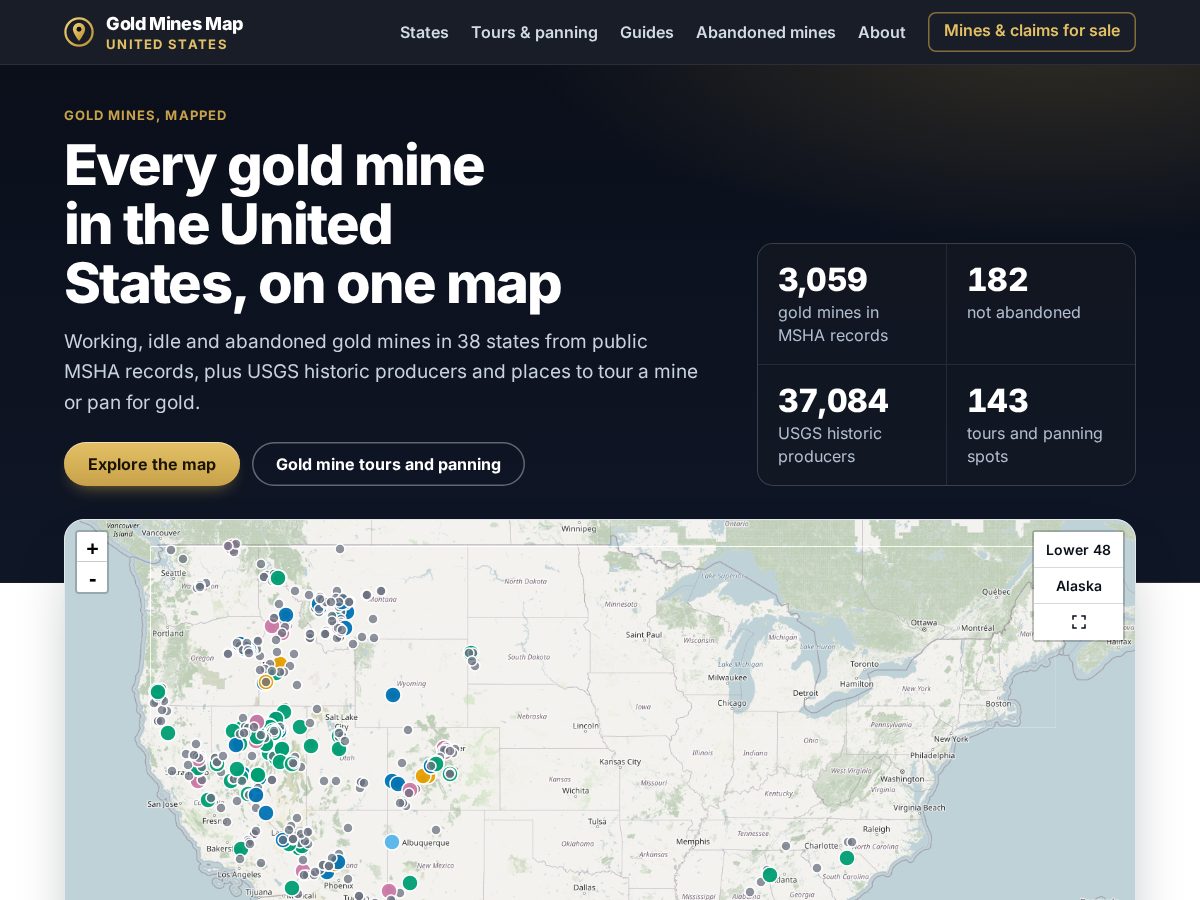 Landing-page snapshot of goldminesmap.com