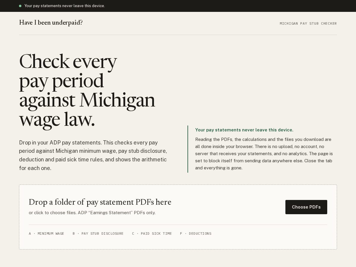 Landing-page snapshot of haveibeenunderpaid.com