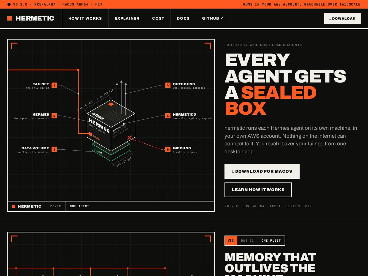 Landing-page snapshot of hermeticfleet.dev