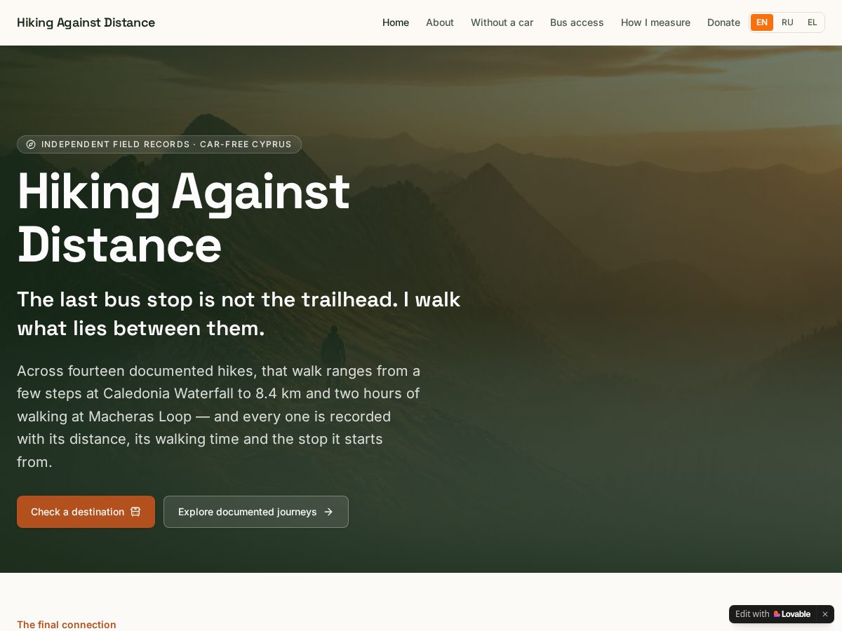 Landing-page snapshot of hikingagainstdistance.com