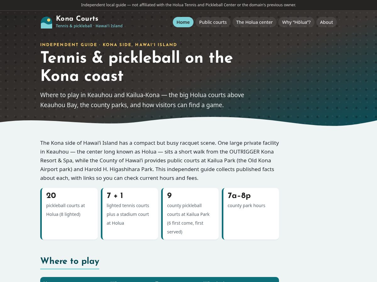 Landing-page snapshot of holuatennisandpickleballcenter.com