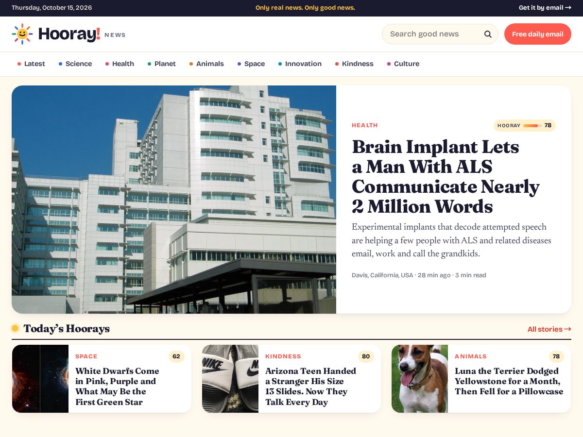 Landing-page snapshot of hooray.news