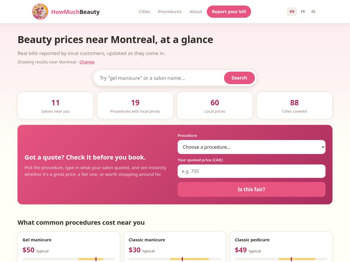 Landing-page snapshot of howmuchbeauty.com