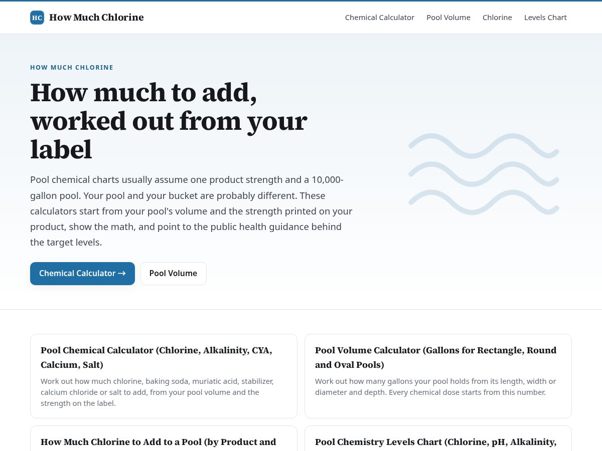 Landing-page snapshot of howmuchchlorine.com
