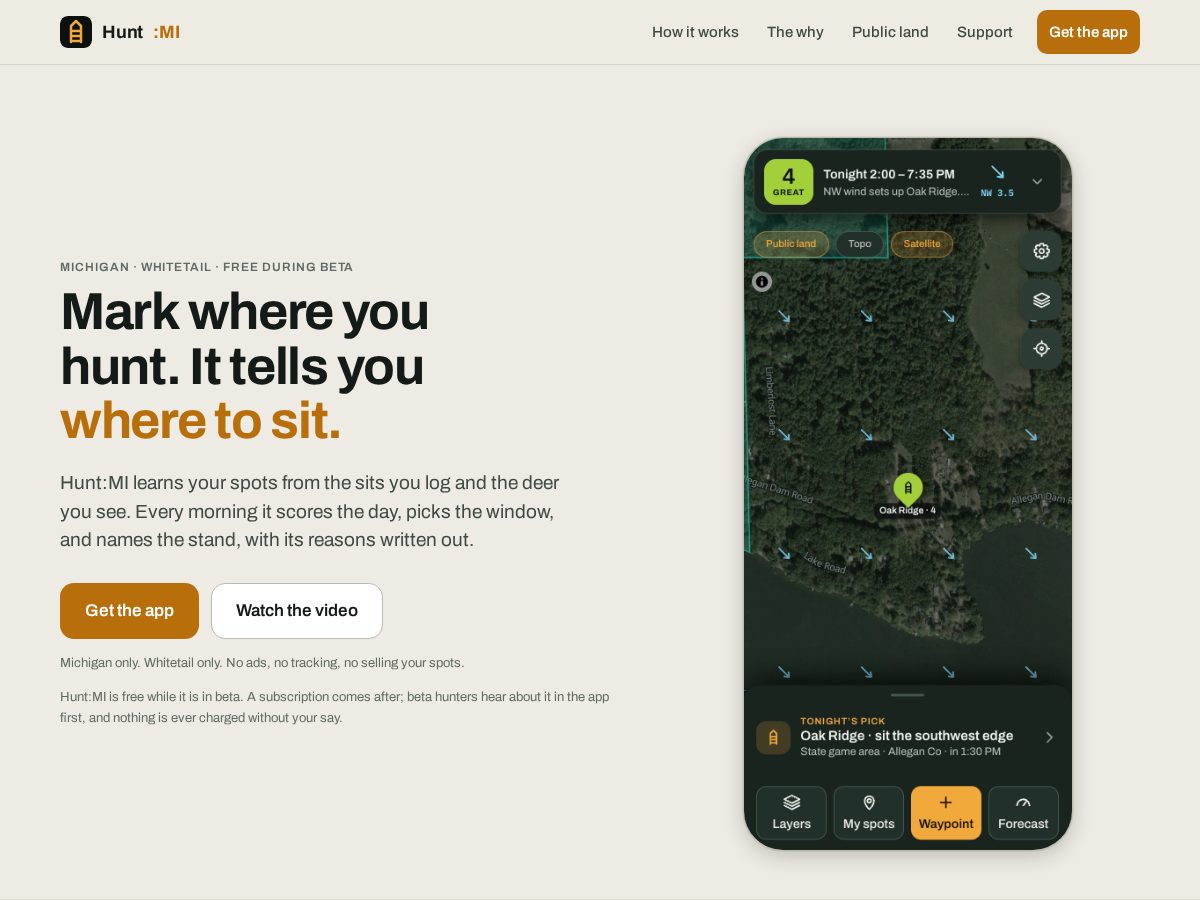 Landing-page snapshot of huntmi.app