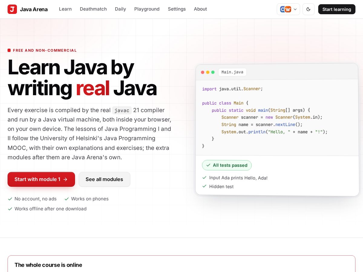 Landing-page snapshot of javaarena.com