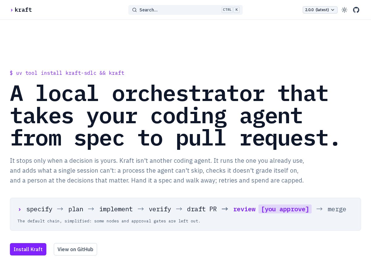 Landing-page snapshot of kraft-sdlc.dev