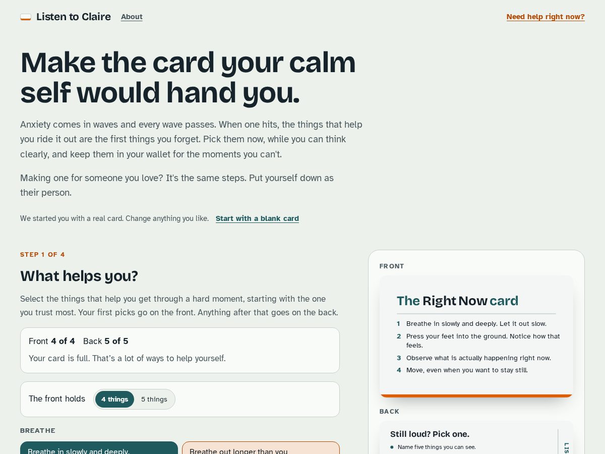 Landing-page snapshot of listentoclaire.com