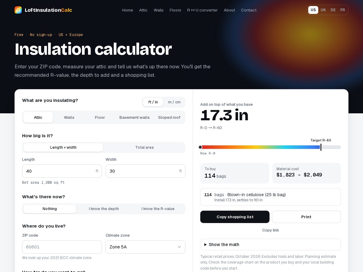 Landing-page snapshot of loftinsulationcalc.com