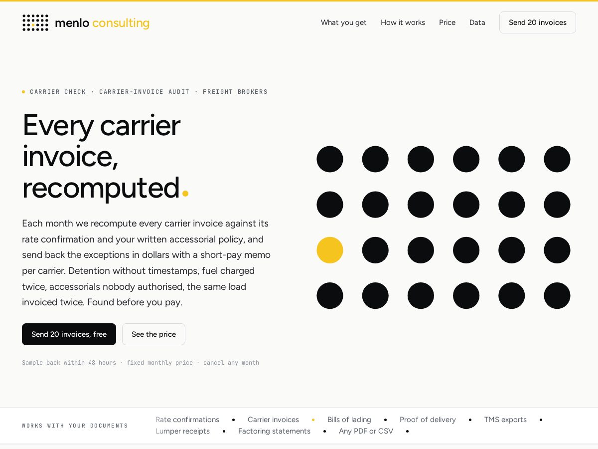 Landing-page snapshot of menlofreightcheck.com