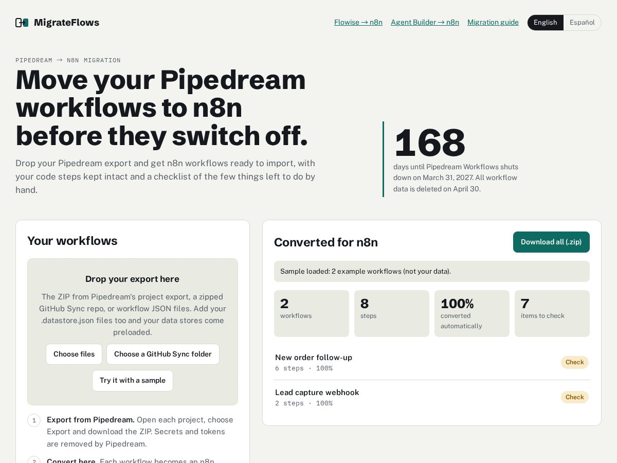 Landing-page snapshot of migrateflows.com