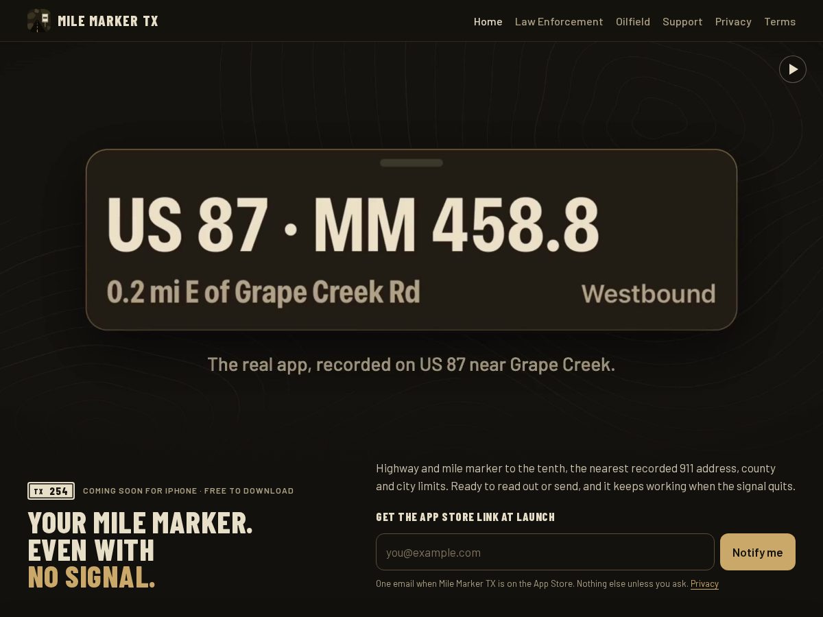 Landing-page snapshot of milemarkertx.com