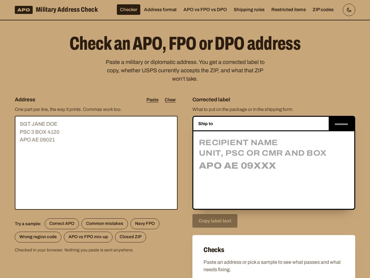 Landing-page snapshot of militaryaddresscheck.com