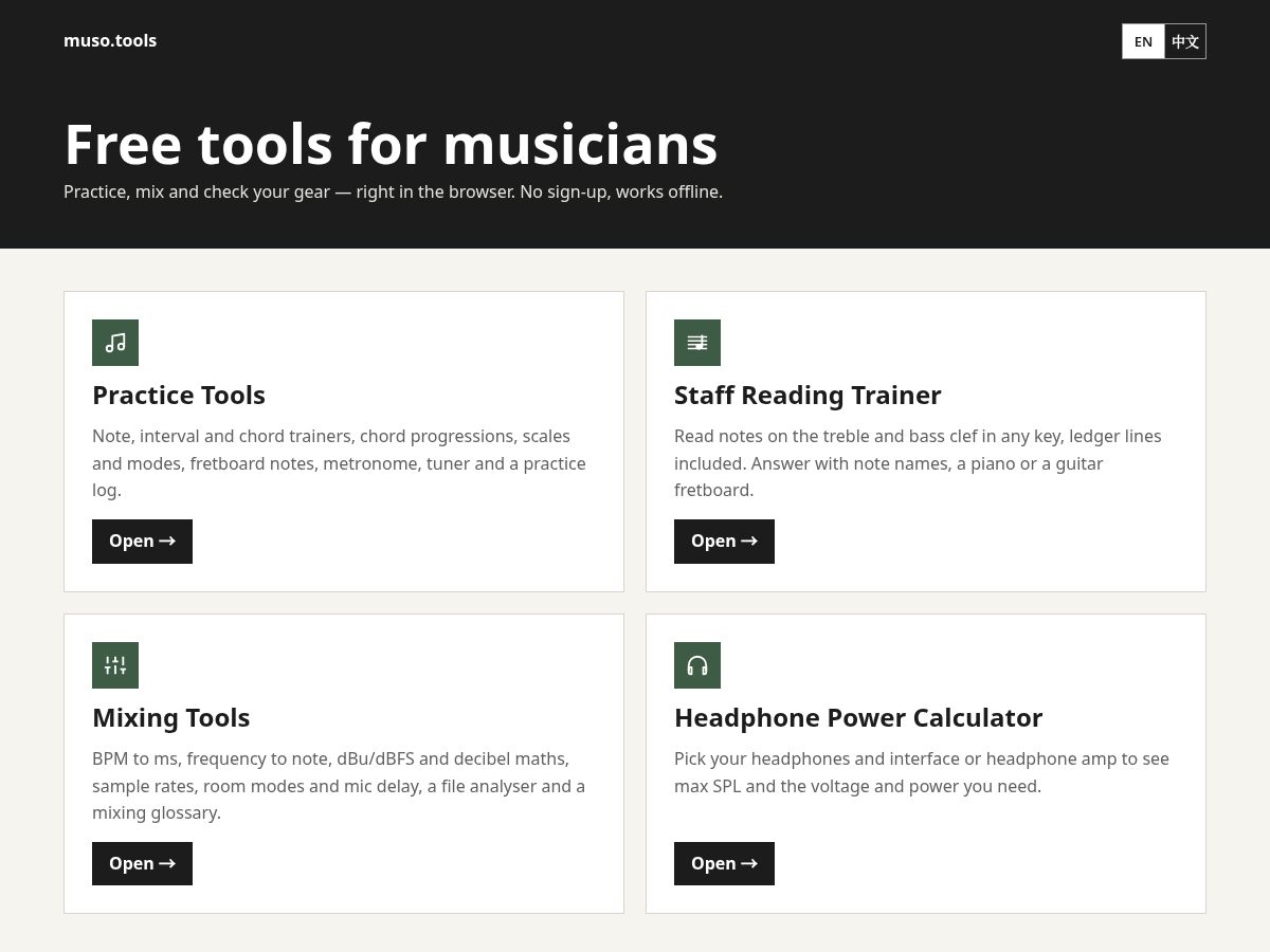 Landing-page snapshot of muso.tools