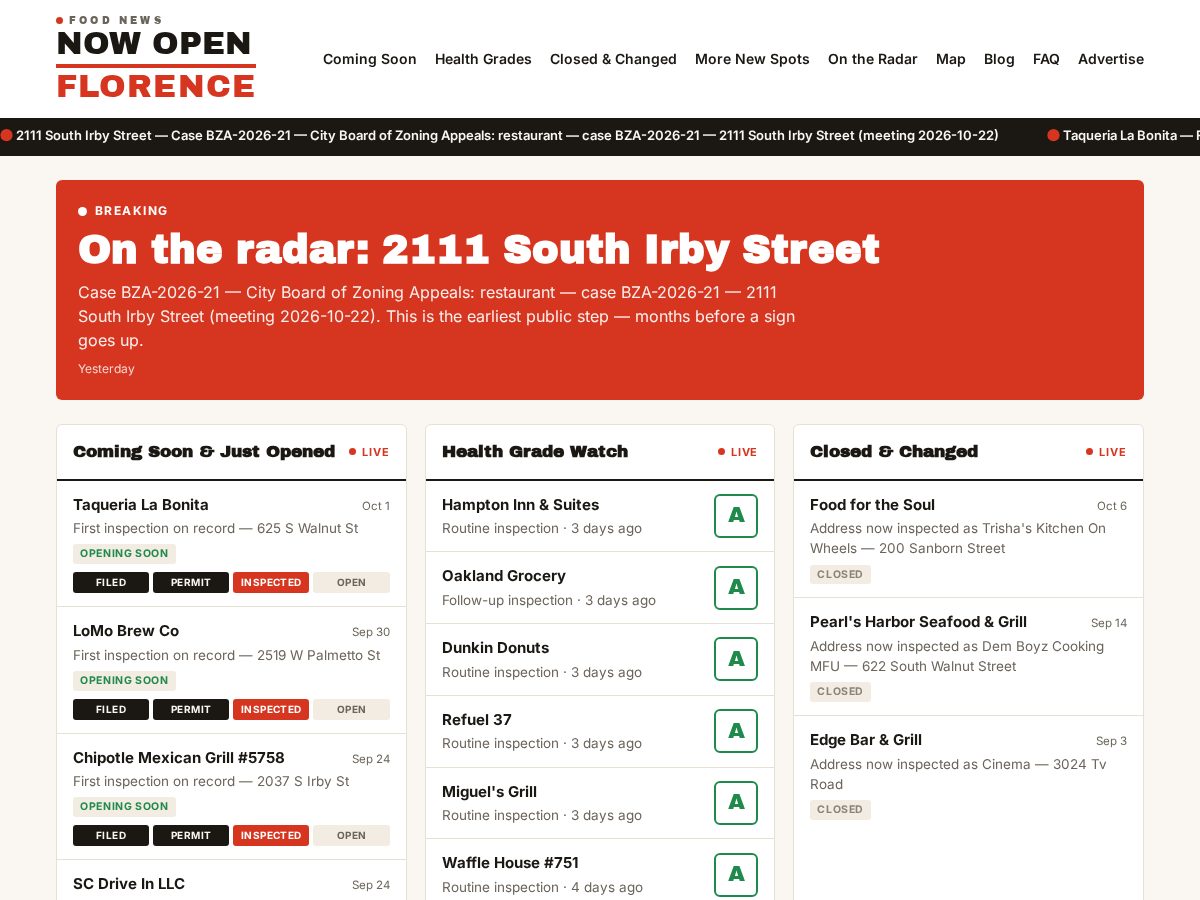 Landing-page snapshot of nowopenflorence.com