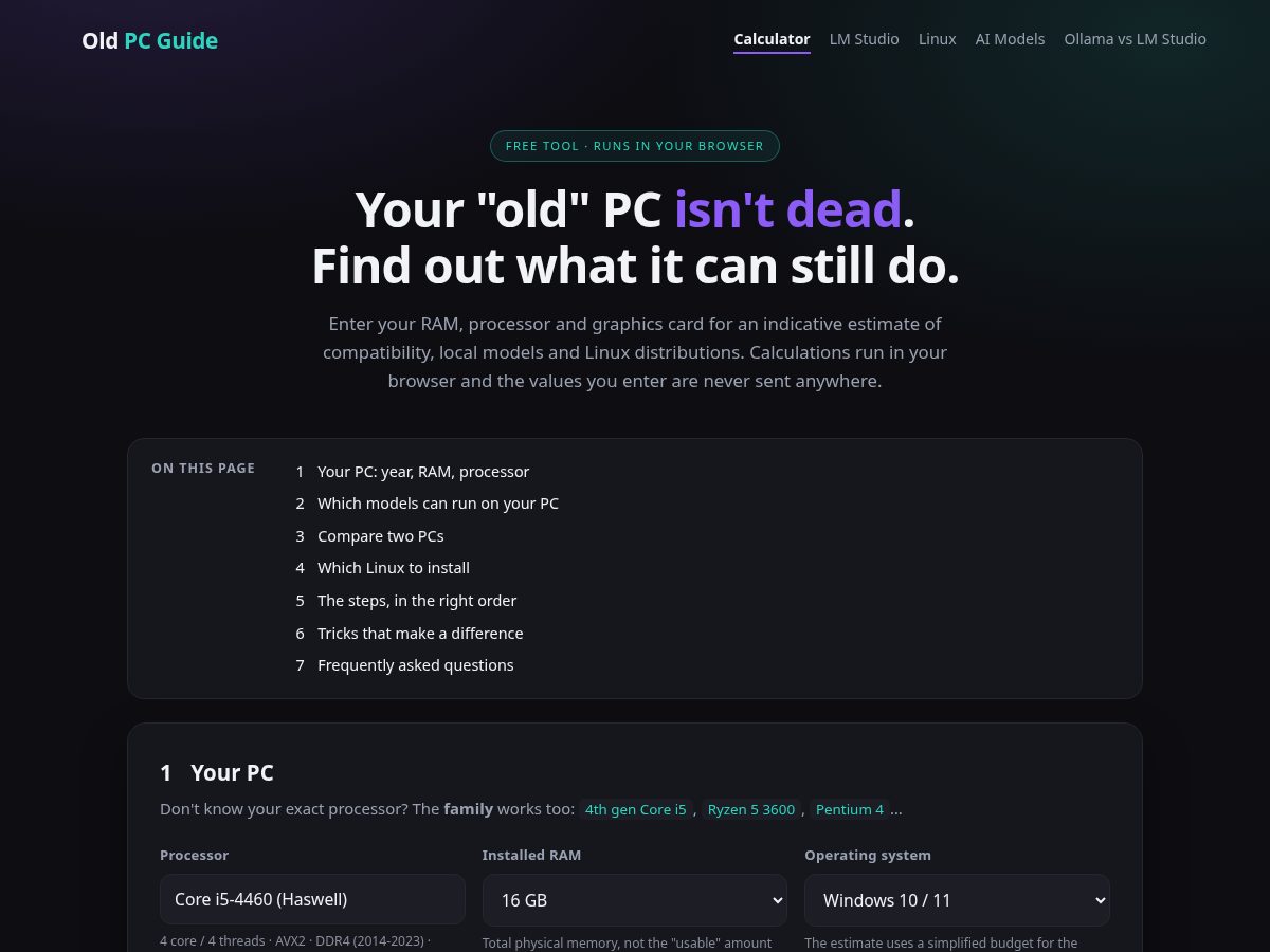 Landing-page snapshot of oldpcguide.com