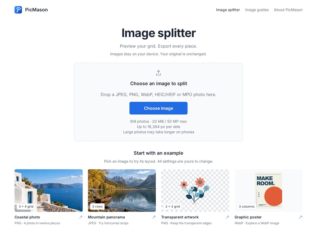 Landing-page snapshot of picmason.com