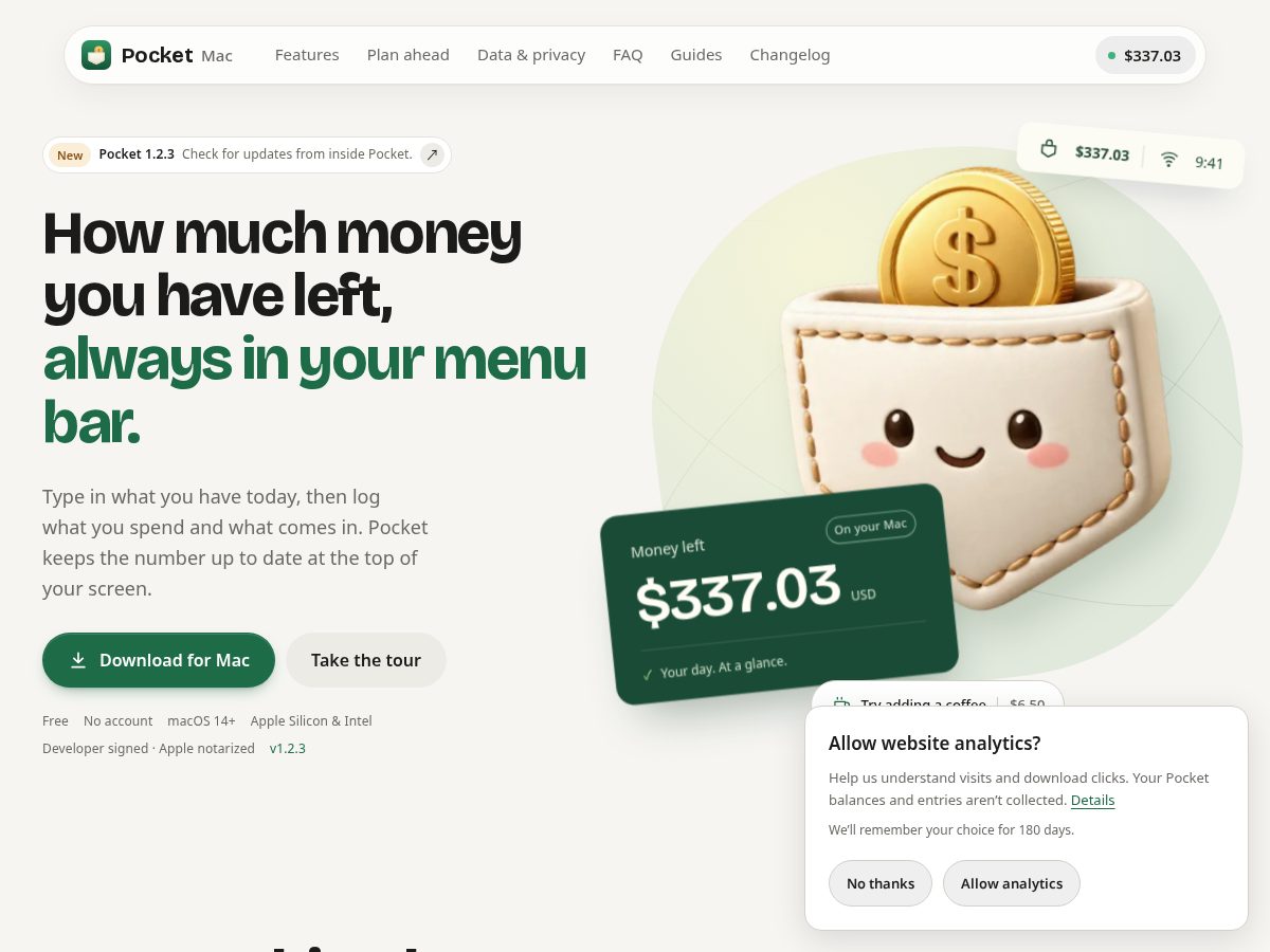 Landing-page snapshot of pocketleft.app