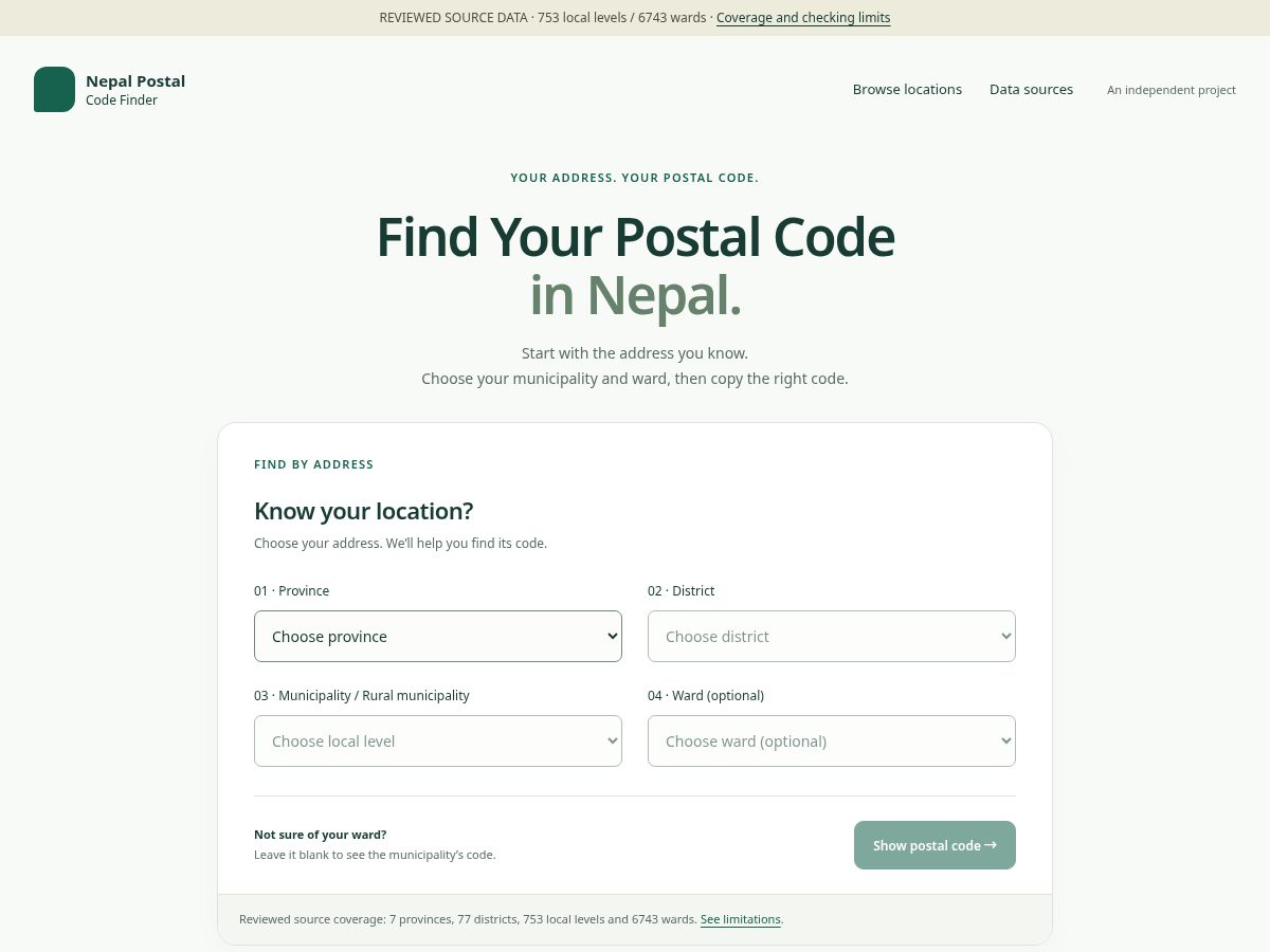 Landing-page snapshot of postalcodenepal.com