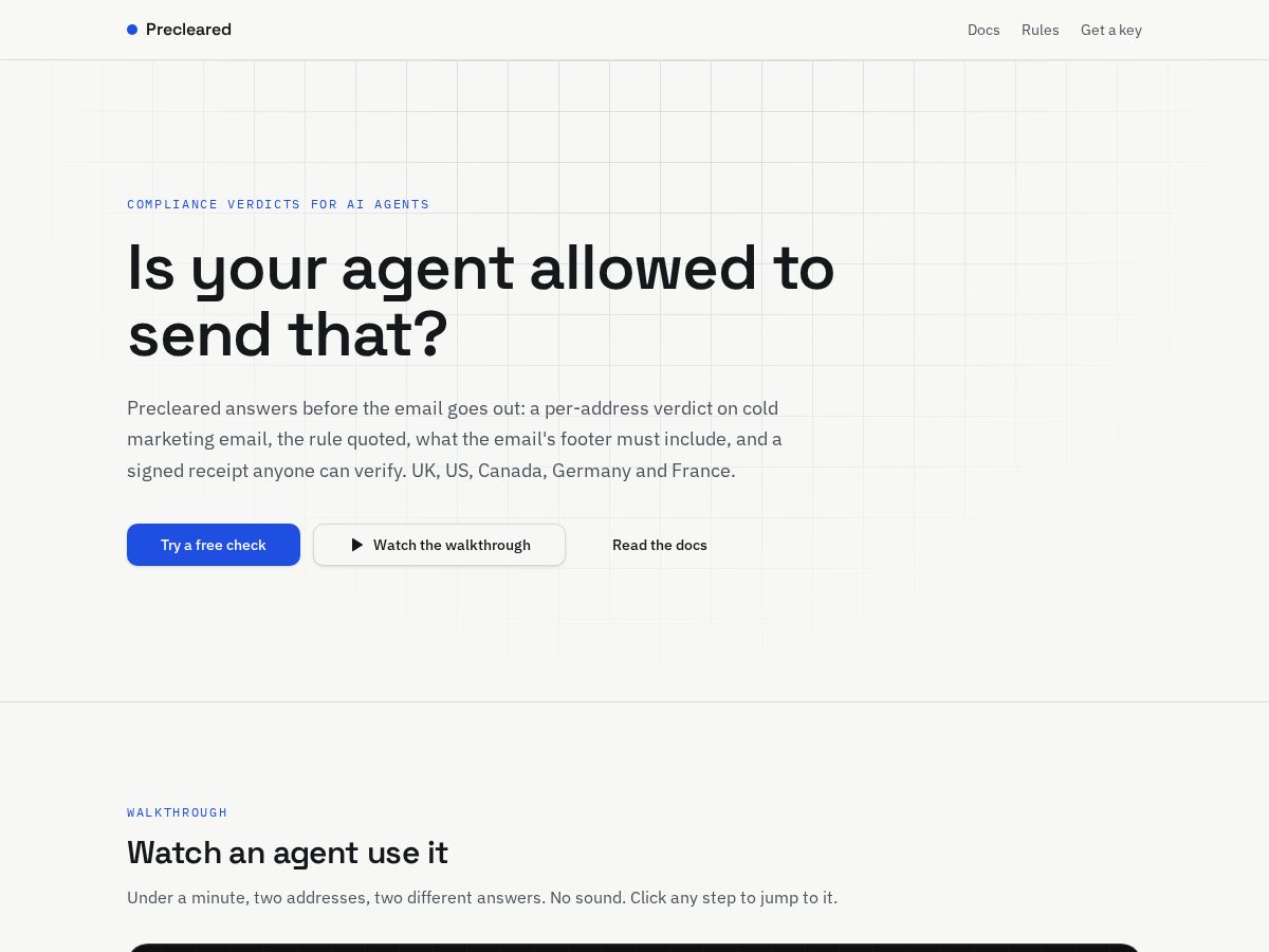 Landing-page snapshot of precleared.dev