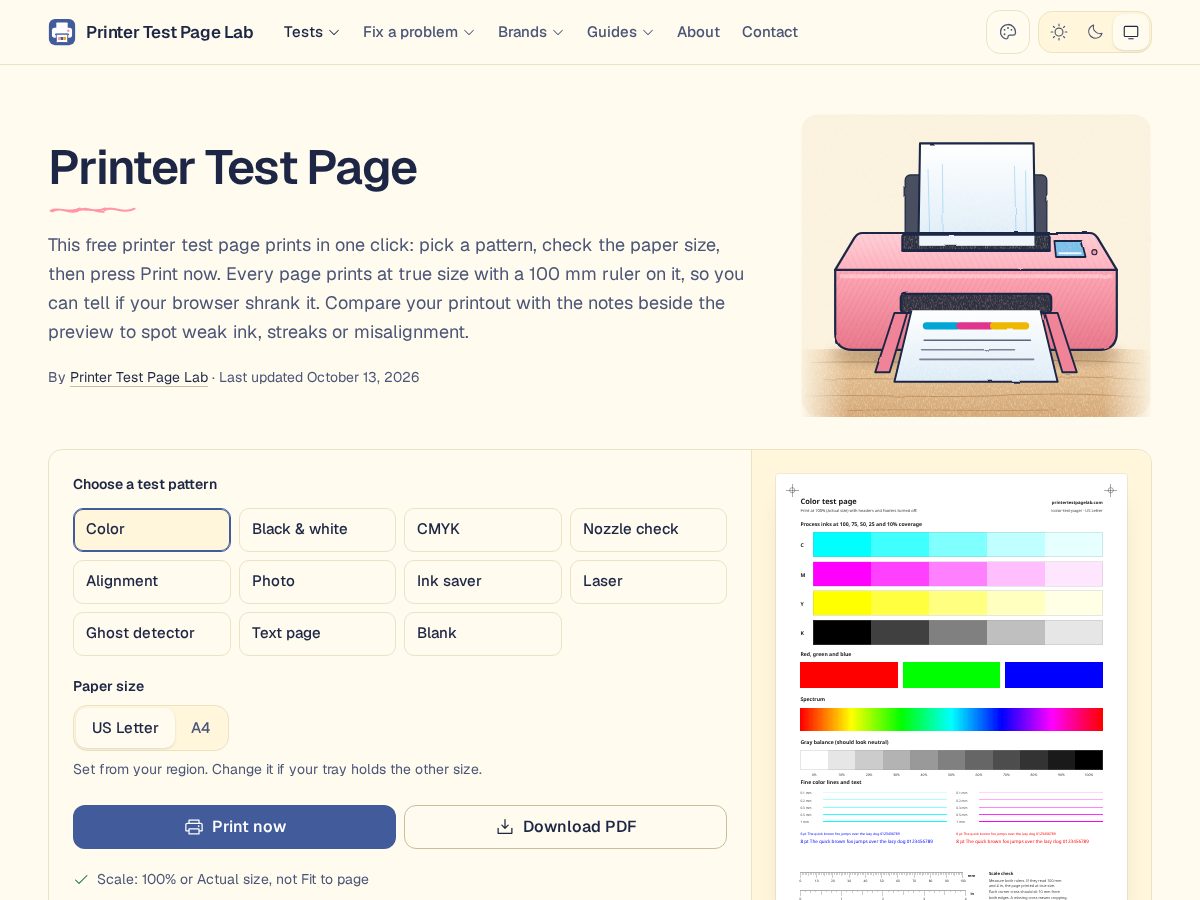 Landing-page snapshot of printertestpagelab.com