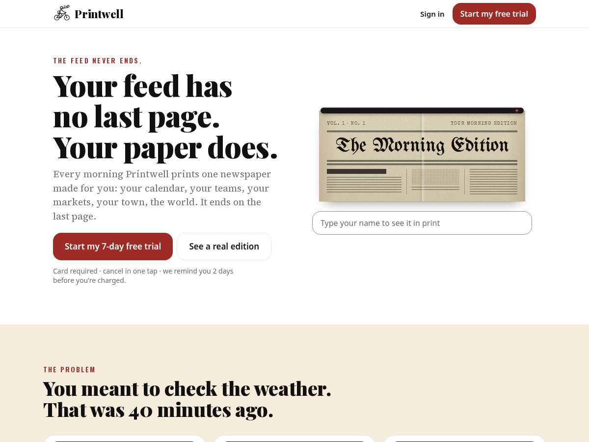 Landing-page snapshot of printwell.app