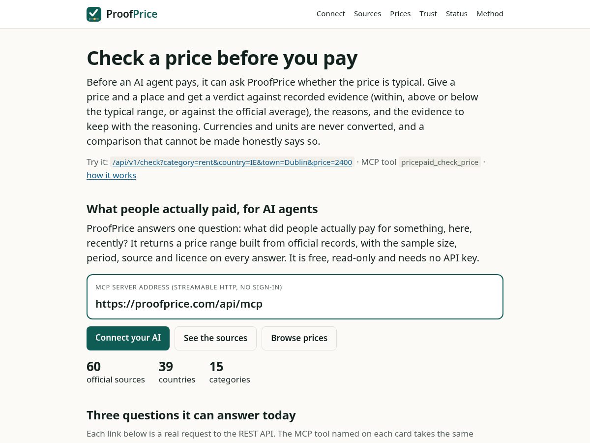 Landing-page snapshot of proofprice.com