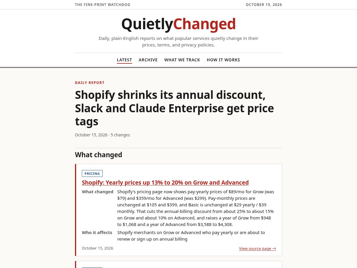 Landing-page snapshot of quietlychanged.com