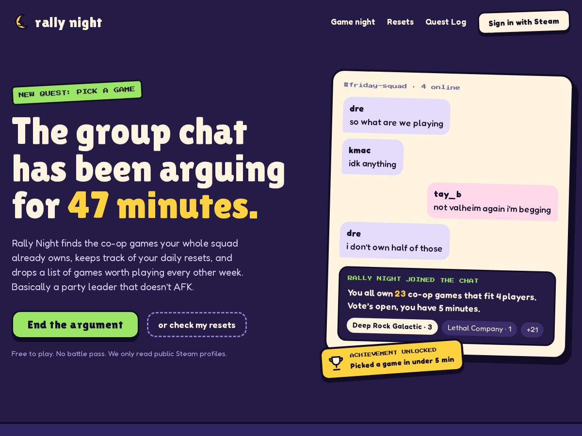 Landing-page snapshot of rallynight.com