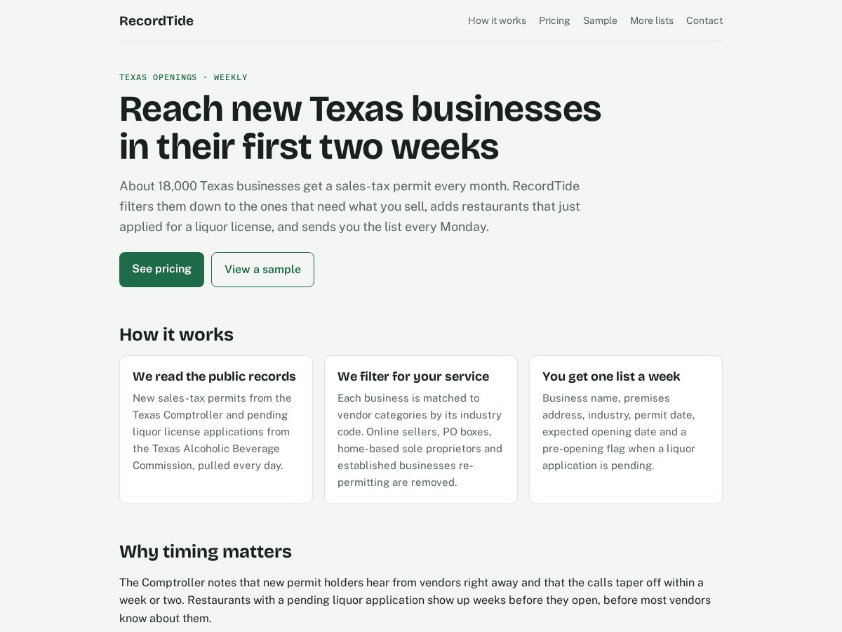 Landing-page snapshot of recordtide.com