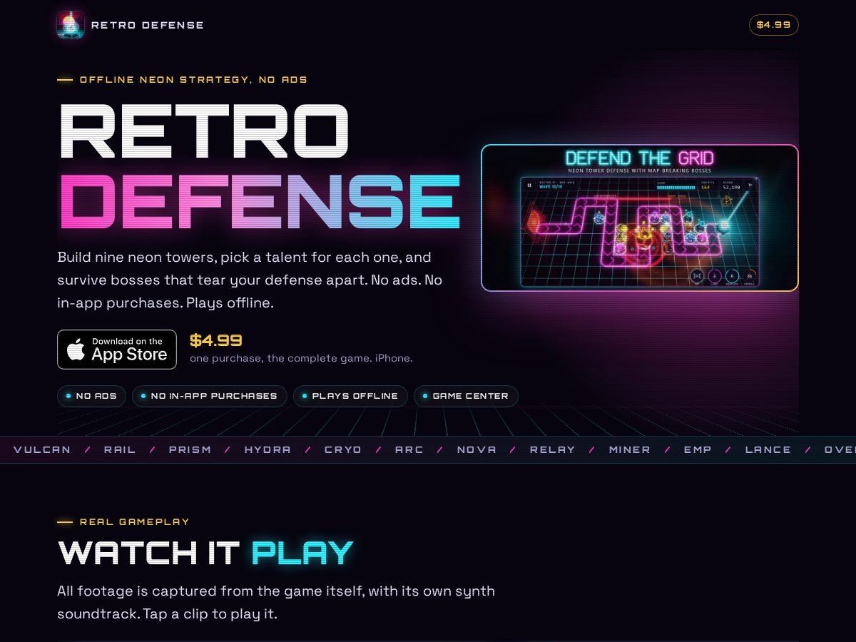 Landing-page snapshot of retrotowerdefense.app