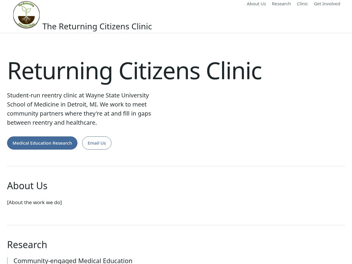 Landing-page snapshot of returningcitizensclinic.org