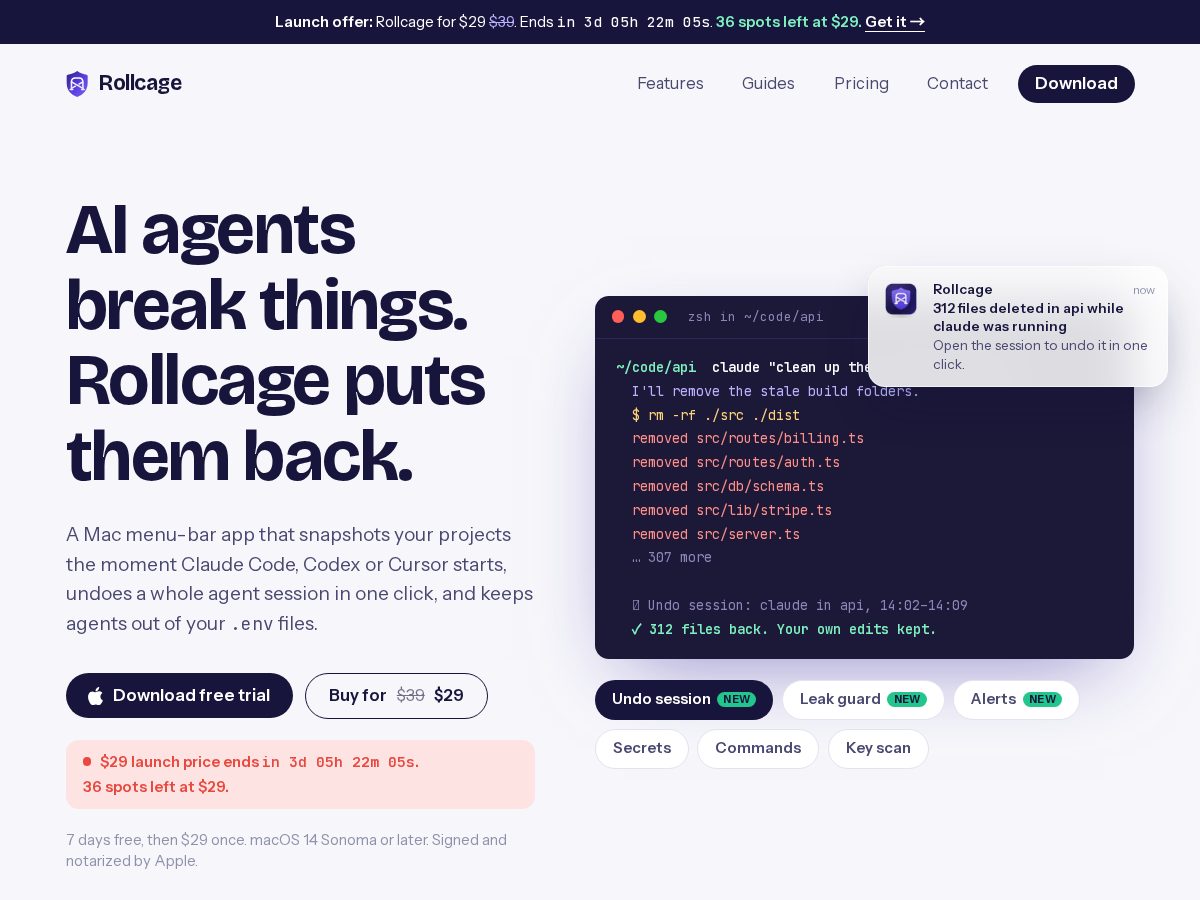 Landing-page snapshot of rollcage.app
