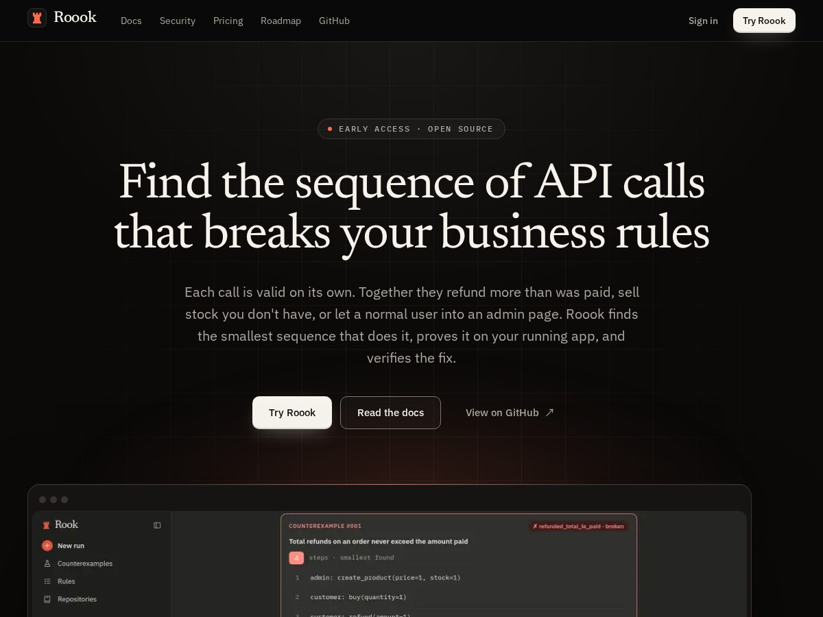 Landing-page snapshot of roook.dev