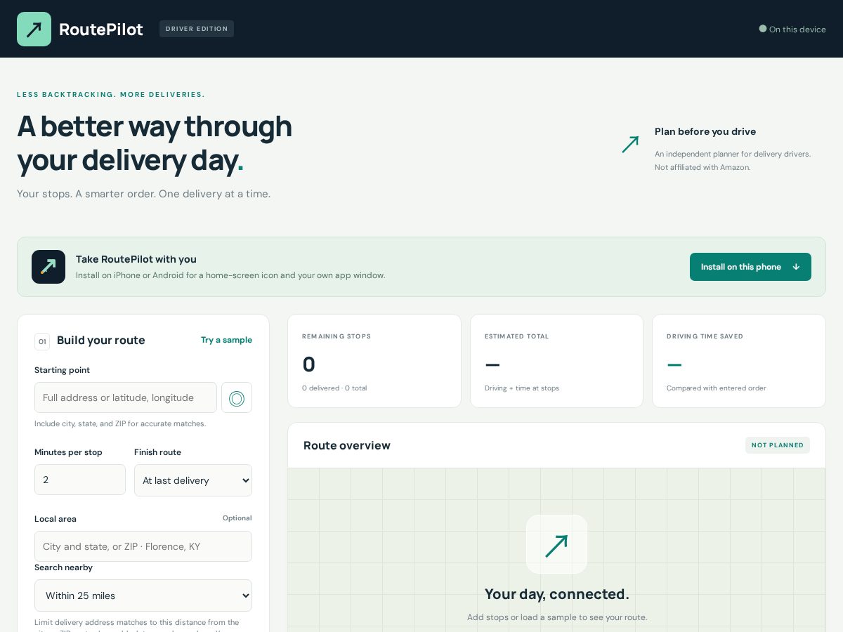 Landing-page snapshot of routepilotdriver.com