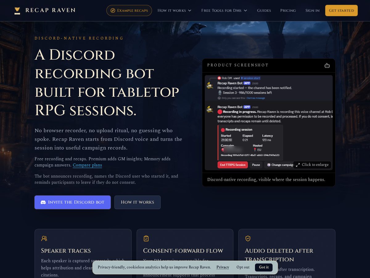 Landing-page snapshot of rpgsessionrecorder.com