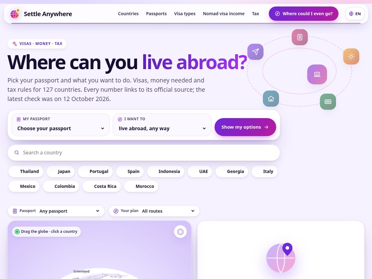 Landing-page snapshot of settleanywhere.com